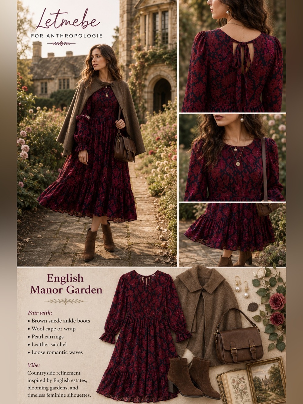 Anthropologie Let Me Be Sharlene Tiered Midi Dress US 6 Cranberry Floral Boho B9 - Picture 3 of 16